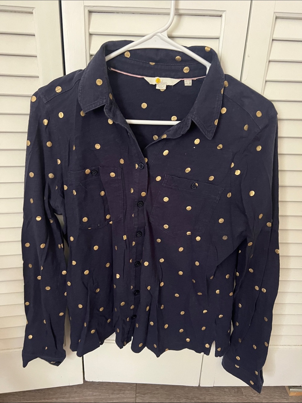 Boden Navy Button-Front Shirt with Gold Polka Dots